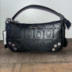 Ed Hardy Black Embossed Skull Wristlet with Silver Studs